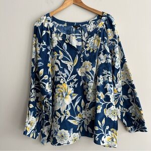 Talbots Floral Navy and Yellow Gauzy Blouse
Size 2X